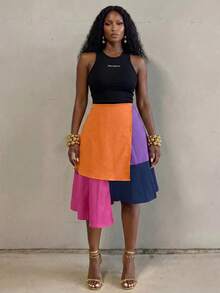 BamGlimmer Plus Size Women's Colorblock Casual Versatile Daily Wear Skirt - Multicolor - View 5