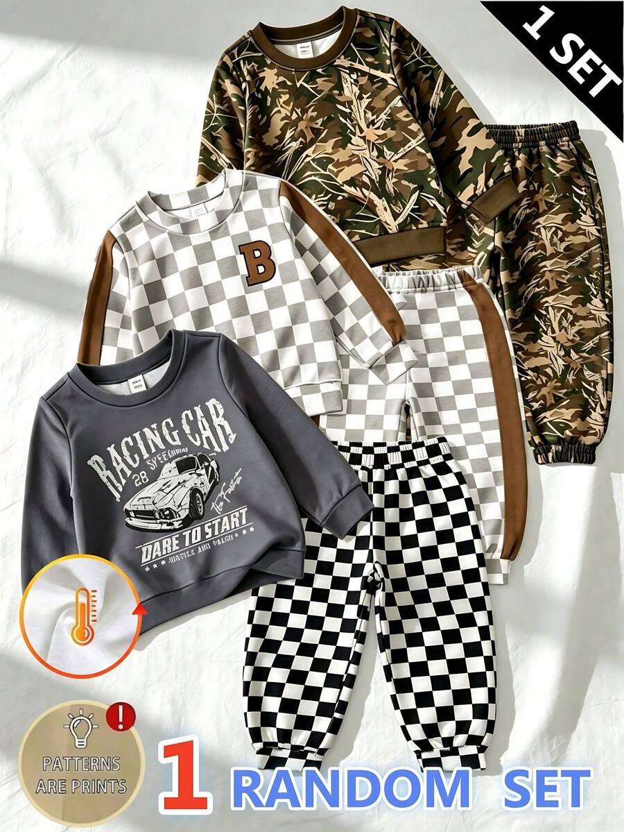 SHEIN 1 Random Set,Boys Checkerboard Print Color Block Sweaters Set Fall Loose Side Splicing Long Sleeve Vintage Casual Sporty Tops Outfits - Multicolor - View 1