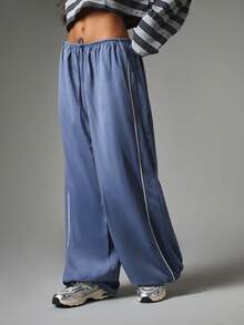 MISSGUIDED Wide Leg Hip Hop Pants Contrast Piping Detail Elastic Drawstring Waist Full Length Flowy Summer Spring Workout Blue And White Striped - Blue - View 2