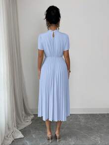 Elenzga Women's Spring/Summer Elegant Apricot Pearl Design Ruffle Collar Pleated Waist Fitted Long Dress - Blue - View 2