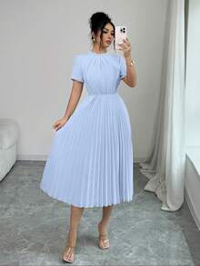 Elenzga Women's Spring/Summer Elegant Apricot Pearl Design Ruffle Collar Pleated Waist Fitted Long Dress - Blue - View 7