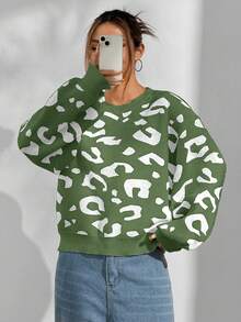 SHEIN Unity Loose Casual Versatile Leopard Print Sweater - Multicolor - View 3