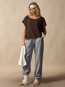 VARSIVA Loose Back Hollow Out Cropped Sports T-Shirt - Coffee Brown - View 6