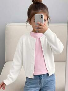 SHEIN 女童秋季/冬季黃色修身圓領針織開襟毛衣外套，兒童針織開襟衫，基礎款開襟衫，適合海邊度假、冷氣房、開學季、優雅聚會等場合，適合秋冬穿著 - 白色 - 查看 7