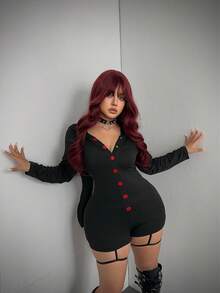 SHEIN CURVE+ Jumpsuit Halloween Ukuran Besar dengan Motif Telinga Kelinci Gelap dan Blok Warna untuk Musim Gugur - Hitam - View 7