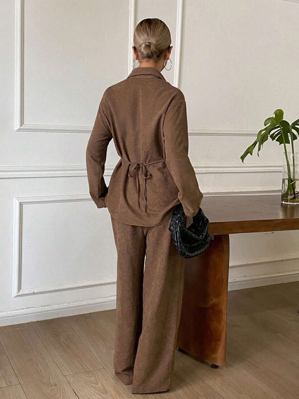 Women's 2-Piece Casual Elegant Vacation Spring/Autumn Set, Solid Color Loose Asymmetrical Tie-Neck Metal Button Long Sleeve Shirt And Straight Leg Pants