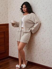 CovetEZ Nuevo Conjunto de 2 Piezas de Top Casual con Botones a Rayas y Shorts Talla Grande Otoño - Albaricoque - Ver 9