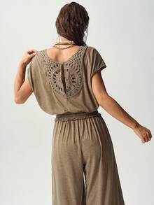 Bohemela Women's Solid Color Back Cutout Design Wide Leg Casual Jumpsuit - Khaki - View 4
