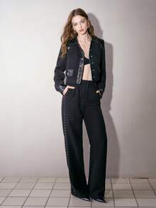 MOTF PREMIUM WOMEN'S AUTUMN/WINTER SHIRT COLLAR LEATHER & WOOL BLEND PATCHWORK METAL BUTTON DECOR LONG SLEEVE CROPPED JACKET - Black - View 6