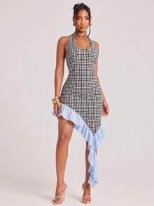 NYA SZN Dress Mini Length High Low Hem Ghingham Color Block Flounce Detail Ruffle Sleeveless Outfits For Women - Black and White - View 1