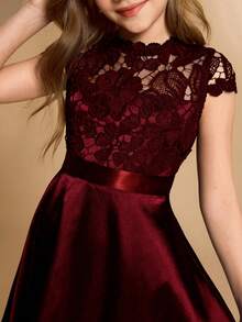Tween Girls Peter Back To School Pan Collar Puff Sleeve Ruffle Bow Dress, Elegant Spring Summer - Burgundy - View 3