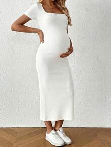 SHEIN Maternity Casual Solid Color Side Slit Fitted Dress, Summer - White - View 5