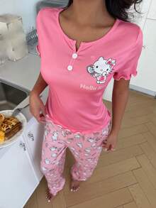 ZzzCrew HELLO KITTY AND FRIENDS | SHEIN 女款字母卡通印花短袖上衣與長褲休閒居家睡衣套裝 - 粉色 - 查看 5