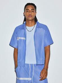 Modcrash Mens Summer Striped Outfit Set, Lightweight Short Sleeve Shirt And Elastic Waist Cargo Shorts - Blue - View 9