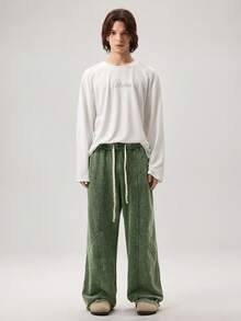 Vaulklash Men's Solid Color Elastic Waist Drawstring Casual Green Retro Sweatpants, Fashion & Versatile Cotton - Green - View 8