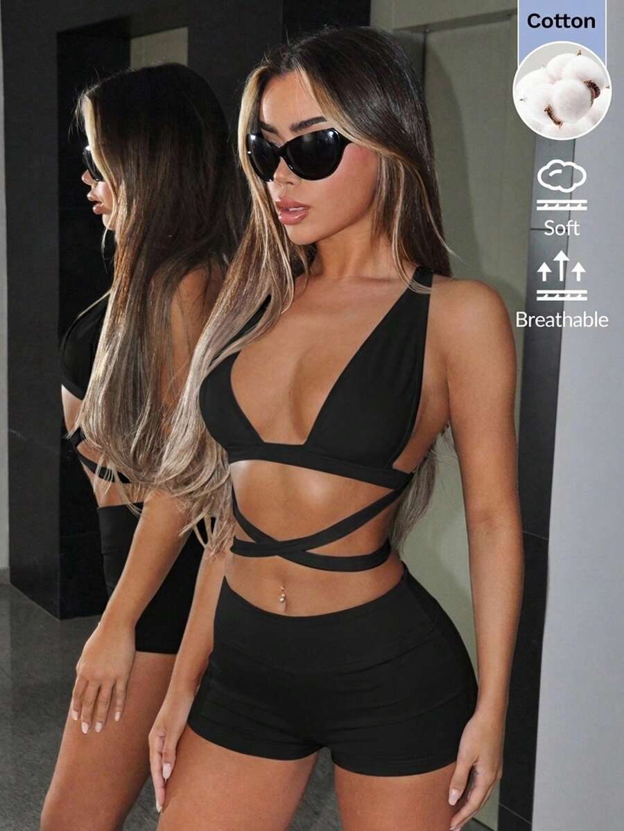 SHEIN ICON 女款性感露背掛脖超短上衣與短褲兩件套 - 黑色 - 查看 1