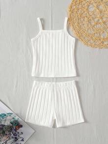 SHEIN 女童春夏細肩帶上衣與短褲純色2件式內衣套裝，1件套，四季適用 - 白色 - 查看 2