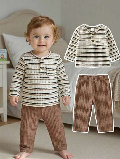 SHEIN Baby Boy Striped Pattern Knitted Soft Crew Neck Long Sleeve Pullover Top And Elastic Waist Long Pants 2-Piece Set
