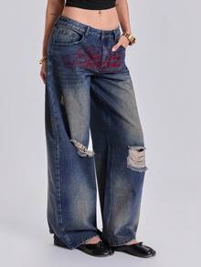 ROMWE Summer Autumn Winter Spring Street Casual Y2K Letter Contrast Color Embroidery Distressed Spray Paint Loose Straight Leg Curved Hem Jeans - Blue - View 5