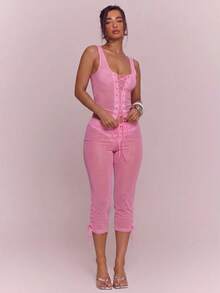 MUSERA Lace Up Front Fitted Corset Detail Top Sexy Spring Summer Evening Cute Elegant Date Night Festival V - Pink - View 5