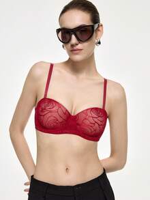 Bralution Push-Up 1/2 Cup Black Elegant Floral Women's Bra Daily Wear Comfy - Burgundy - View 1