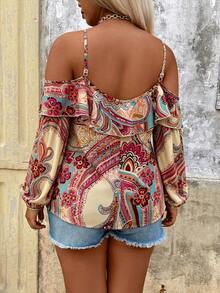 Breezaya Plus Size Cashew Flower Paisley Print Open Shoulder Ruffle Camisole Puff Long Sleeve Blouse For Women, Flattering Vacation Style Floral Shirt Fall - Multicolor - View 2