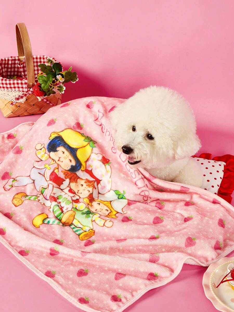 Strawberry Shortcake X PETSIN 1 Piece Cute Three Little Girls Funny Strawberry Polka Dot Printed Blanket Warm And Absorbent Coral Fleece Pet Blanket - Pink - View 1