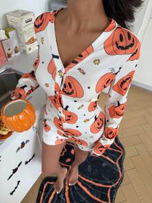 ZzzCrew Fun Halloween Cartoon Print One-Piece Pajamas - Apricot - View 5
