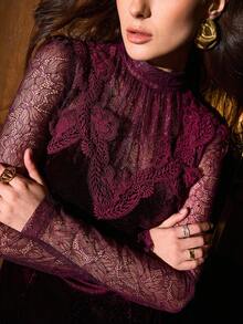 MOTF PREMIUM FASHIONABLE ELEGANT SEXY HIGH NECK SEMI-SHEER LACE WAIST-CINCHING SLIMMING EMBROIDERED LACE TRIM SHORT DRESS - Red Violet - View 3
