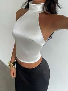 Glamine Charm White Satin High Neck Halter Tank Top,With Eyelash Lace Spliced Open Back For Birthday Party - White - View 4