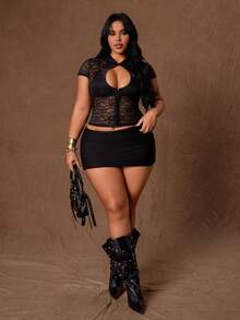 Rustia Plus Size Women's Cutout Sexy Front Button Lace Top - Black - View 5