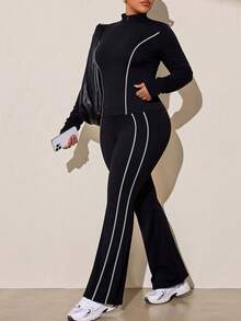 SHEIN Rhythm Era Women's Plus Size Color Block Long Sleeve Top And Flare Pants Casual Daily Sports Set Fall - Black - View 3