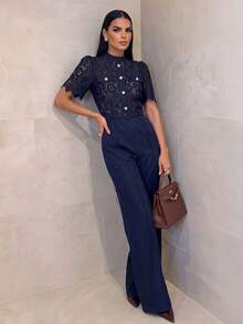Anewsta 新款时尚水溶蕾丝上衣，配水钻装饰腰带和阔腿裤，优雅休闲女士连体裤 - 藏蓝色 - 查看 7