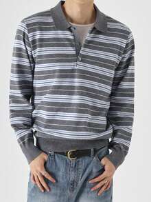 DAZY Men's Blue Grey White Striped Polo Collar Sweater, Spring Autumn - Multicolor - View 1