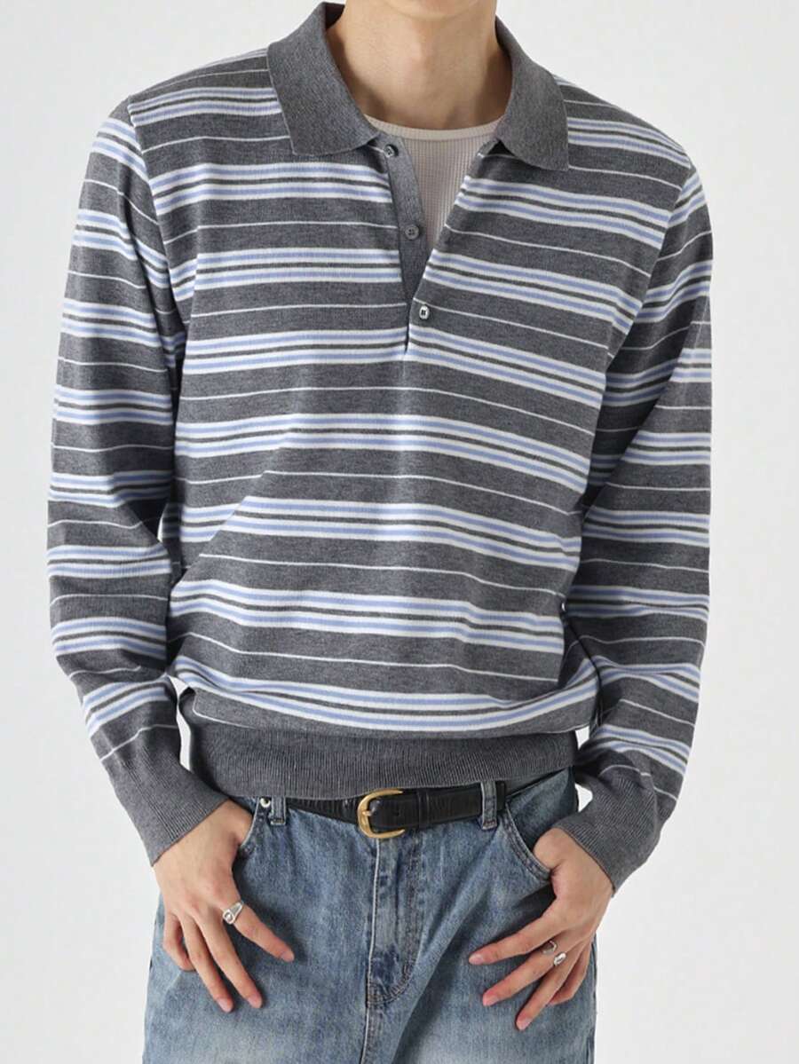 DAZY Men's Blue Grey White Striped Polo Collar Sweater, Spring Autumn - Multicolor - View 1