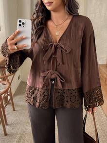 SHEIN Frenchy Plus Size Casual Lace-Up Ruffle Patchwork Textured Fabric V-Neck Long Sleeve Shirt - Brown - View 6