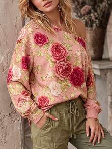 Selamara Women's Vintage-Print Off-Shoulder Sweatshirt Featuring A Floral Pattern; Bohemian Style. - Multicolor - View 3
