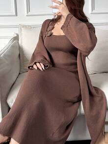 Feyla New Slouchy Long Cardigan Sweater & Floral Tank Top 2 Pieces Set, Autumn/Winter - Brown - View 6
