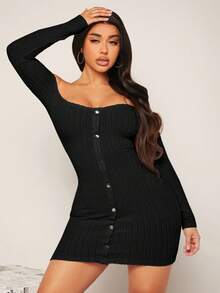SHEIN SXY Off Shoulder Single Breasted Bodycon Dress - Black - View 6