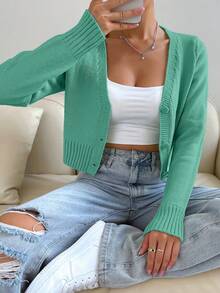 SHEIN Unity Women's Girly Single-Breasted Versatile Minimalist Knit Cardigan - Green - View 6