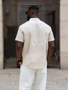 thenoahjr thenoahjr Solid Color Weave Short-Sleeve Shirt With Pocket And Front Buttons - Apricot - View 2