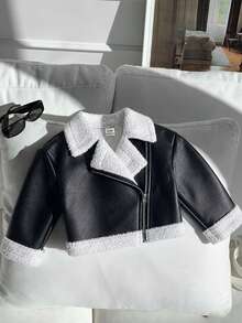SHEIN 女嬰秋冬可愛百搭拼色保暖內裡人造毛外套 - 黑色 - 查看 5