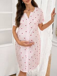 Moonlight&Mama Pink & White Fine Vertical Striped All-Over Print Small Red Heart V-Neck Front Button Loose Short Sleeve Maternity Nightgown Loungewear - Pink - View 4