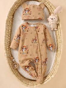 SHEIN 2pcs/Set Baby Boy & Girl Long Sleeve Cartoon Bear Print Romper, Suitable For Spring, Summer, Autumn, Winter, Daily Wear, Birthday Party, Photo Commemoration - Khaki - View 6