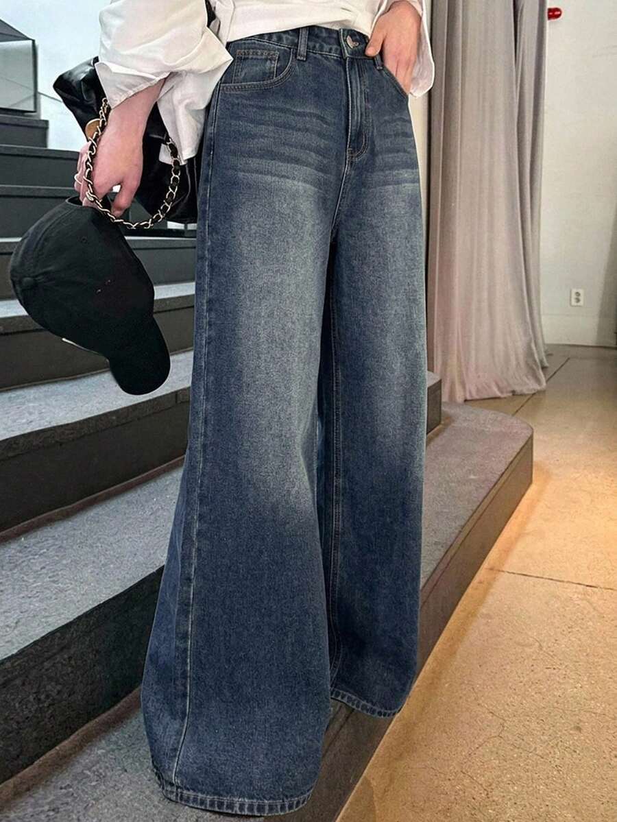 DAZY 女款寬鬆高腰修身直筒牛仔褲,極簡百搭舒適落地長褲 - 藍色 - 查看 1
