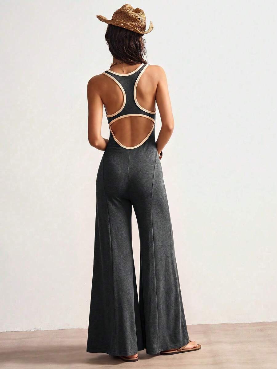 Bohemela جمبسوت نسائي كاجوال محبوك بتصميم كتل لونية وقصات مفرغة - رمادي غامق - مشاهدة 1