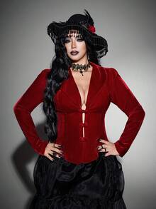Whyspr Spring/Autumn/Winter Red Button Velvet Fabric High-End Romantic Sexy Elegant Exquisite Fashion Design Niche Design Deep V-Neck New Must-Have Daily Wear Plus Size Women's Jacket Halloween Gothic Style - Red - View 2