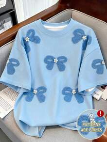 SHEIN EZwear 数码印花蝴蝶结铆钉T恤，新款蝴蝶结衬衫，大学蓝可爱上衣，休闲上衣，最新款女士加大码休闲简约圆领短袖T恤，适合夏季穿着 - 彩色 - 查看 1
