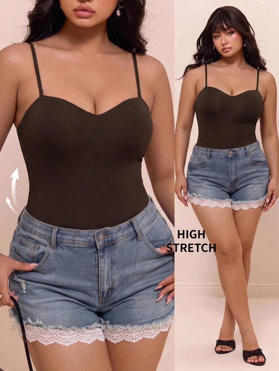 CovetEZ Autumn/Winter Vintage Brown High Elastic Versatile Casual Plus Size Spaghetti Strap Bodysuit - Brown - View 1
