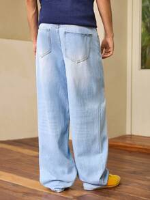 Whitmere Men's Y2K Solid Color Washed Denim Long Pants, Straight Leg Casual Loose Wide Leg Pants - Blue - View 2